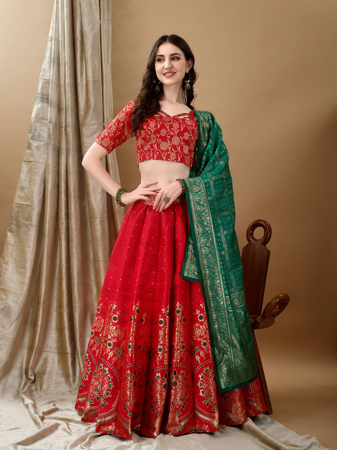 JULEE Red Art Silk Chaniya Choli Stitched Lehenga Single JULEE Red Art Silk Chaniya Choli Stitched Lehenga Single