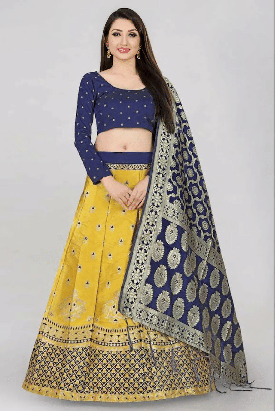     			JULEE Yellow Art Silk Chaniya Choli Stitched Lehenga Single