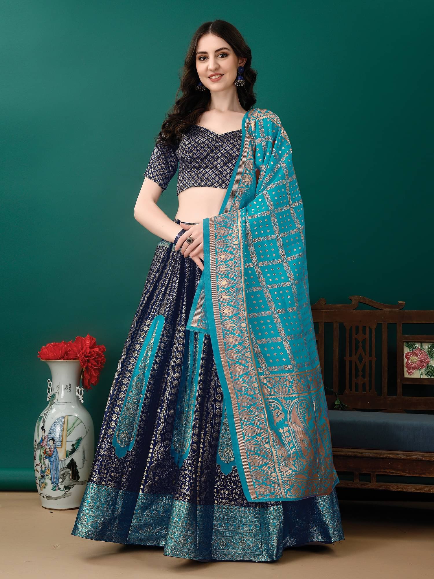     			KV Fashion Navy Art Silk Chaniya Choli Stitched Lehenga Single