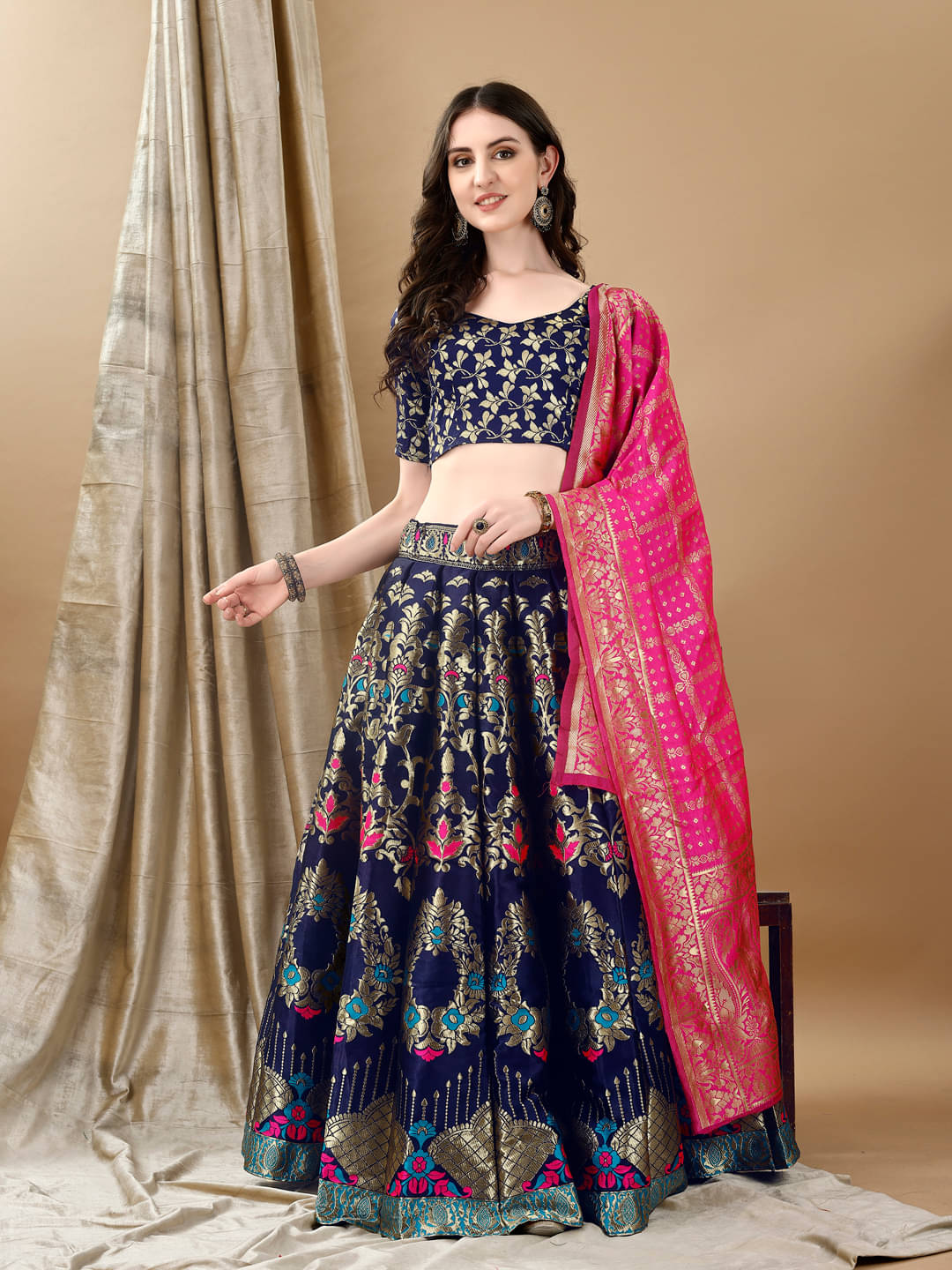     			KV Fashion Navy Art Silk Chaniya Choli Stitched Lehenga Single