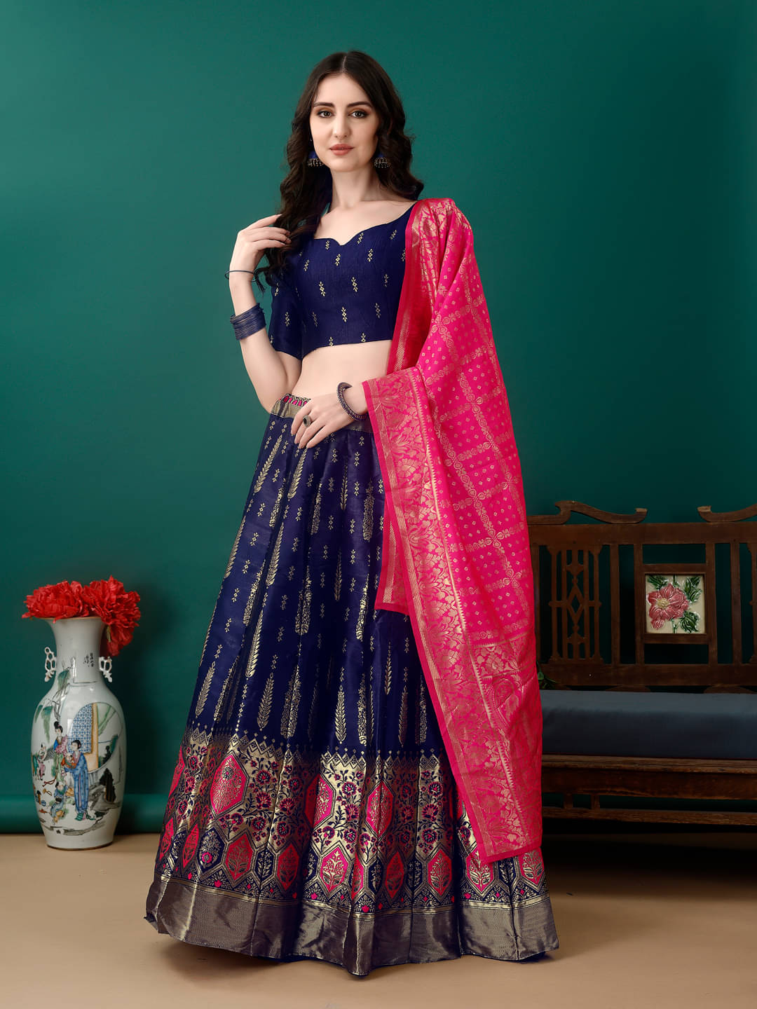     			KV Fashion Navy Art Silk Chaniya Choli Stitched Lehenga Single