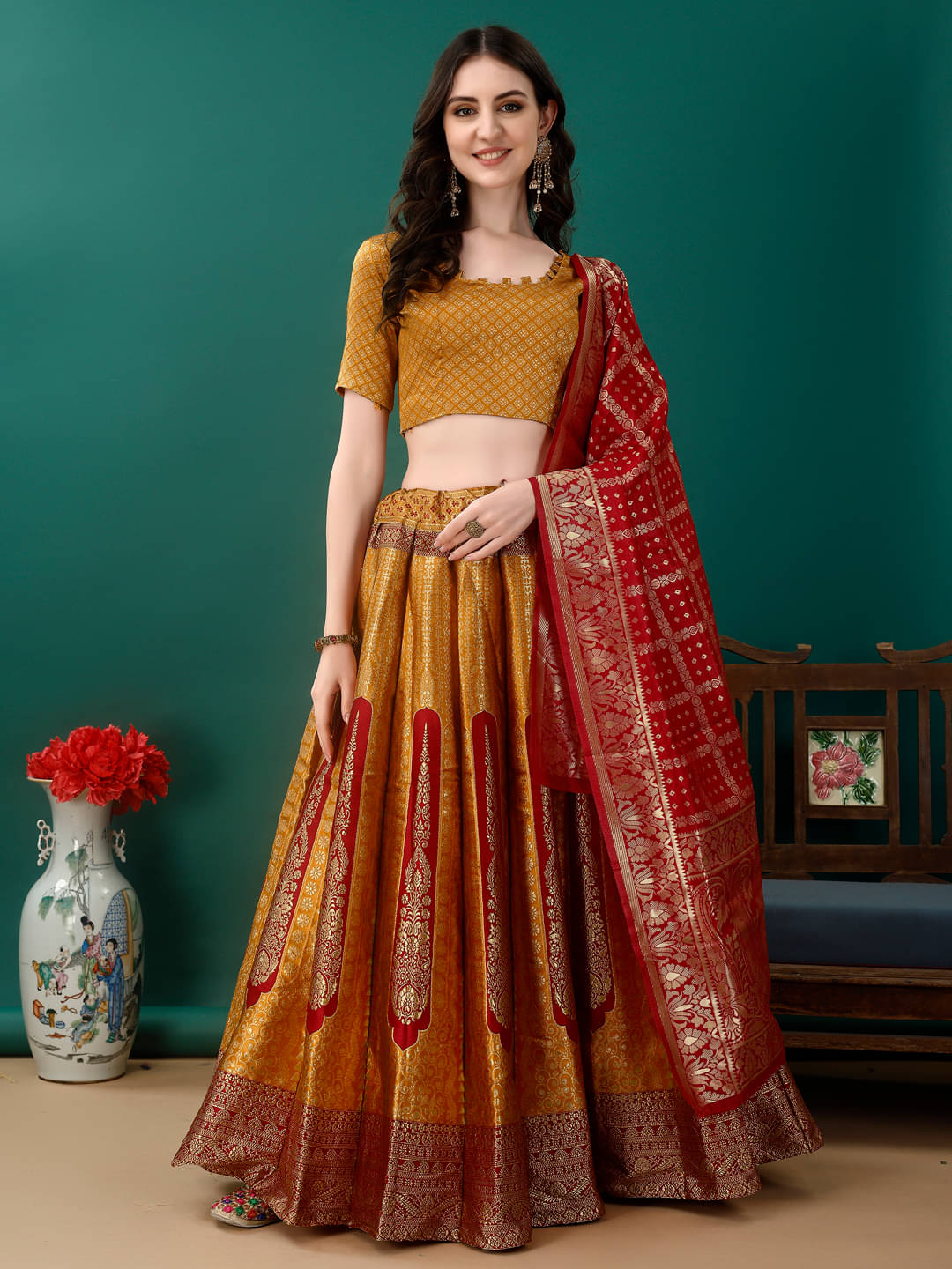     			KV Fashion Yellow Art Silk Chaniya Choli Stitched Lehenga Single