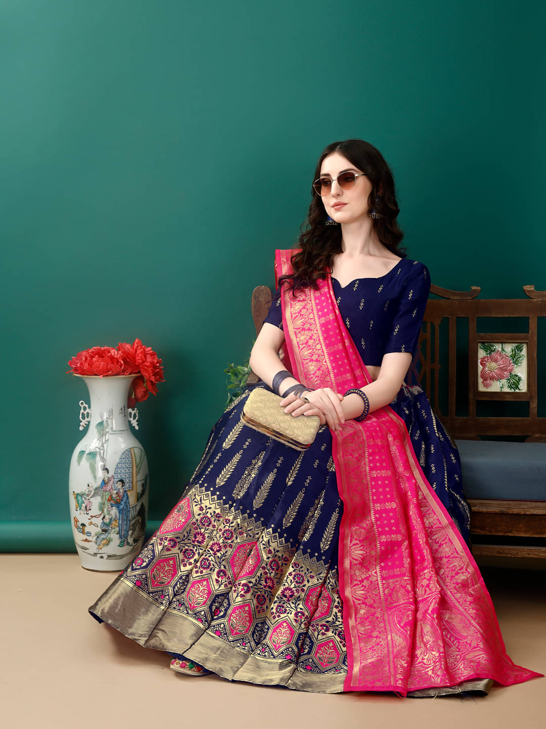     			Lady Shopi Navy Art Silk Chaniya Choli Stitched Lehenga Single