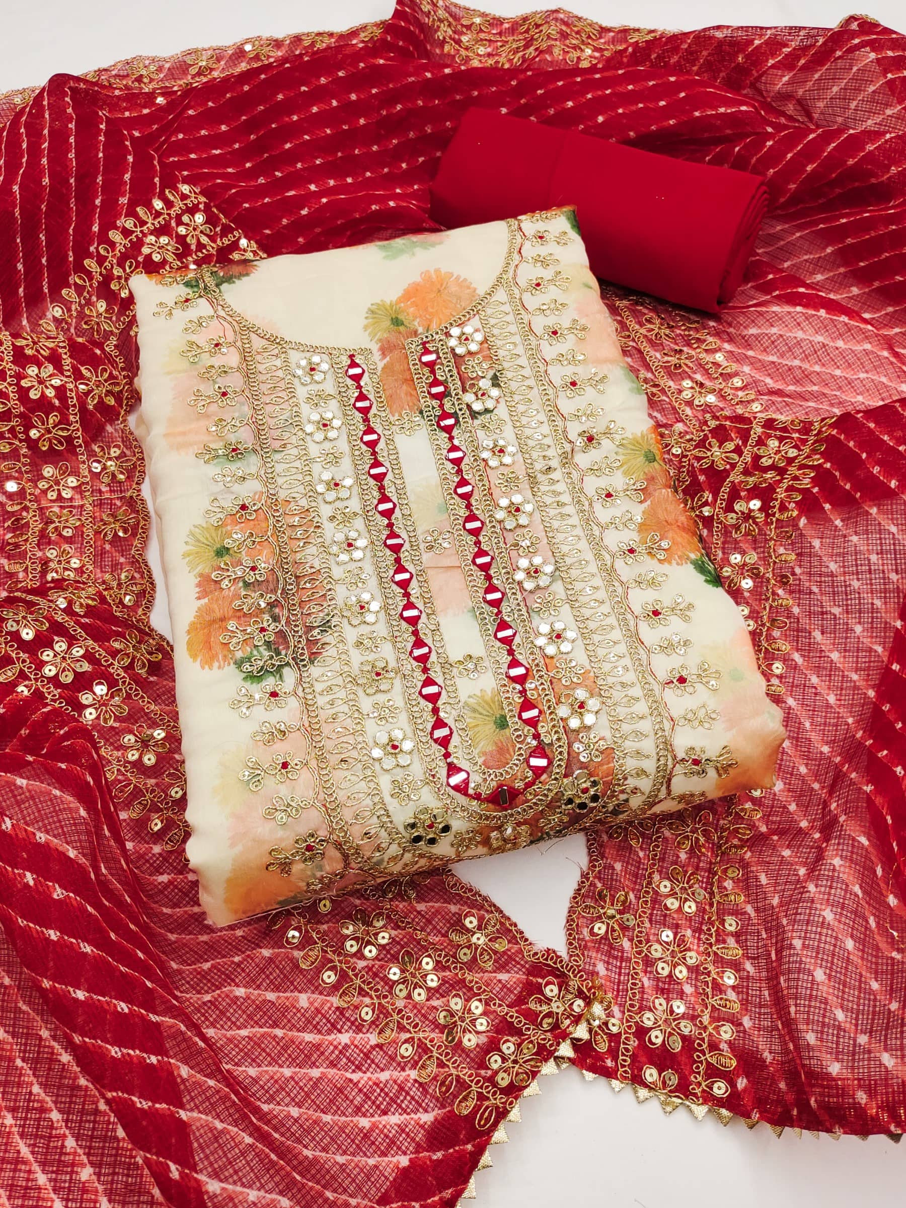 Rangtulika Ethnics Women Chanderi Unstitched Dress Material ( Cream ) - Unstitched Fabrics | Buy online on ZillyBuy