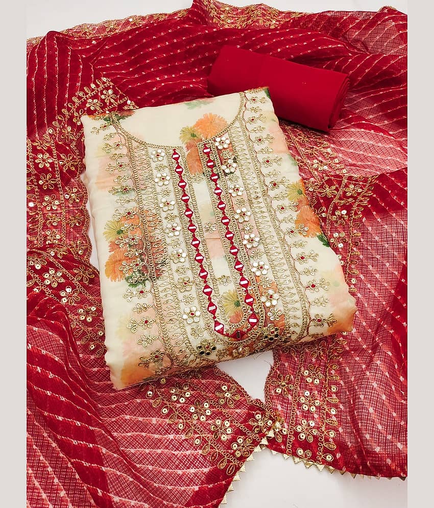 Rangtulika Ethnics Women Chanderi Unstitched Dress Material ( Cream ) - Unstitched Fabrics | Buy online on ZillyBuy