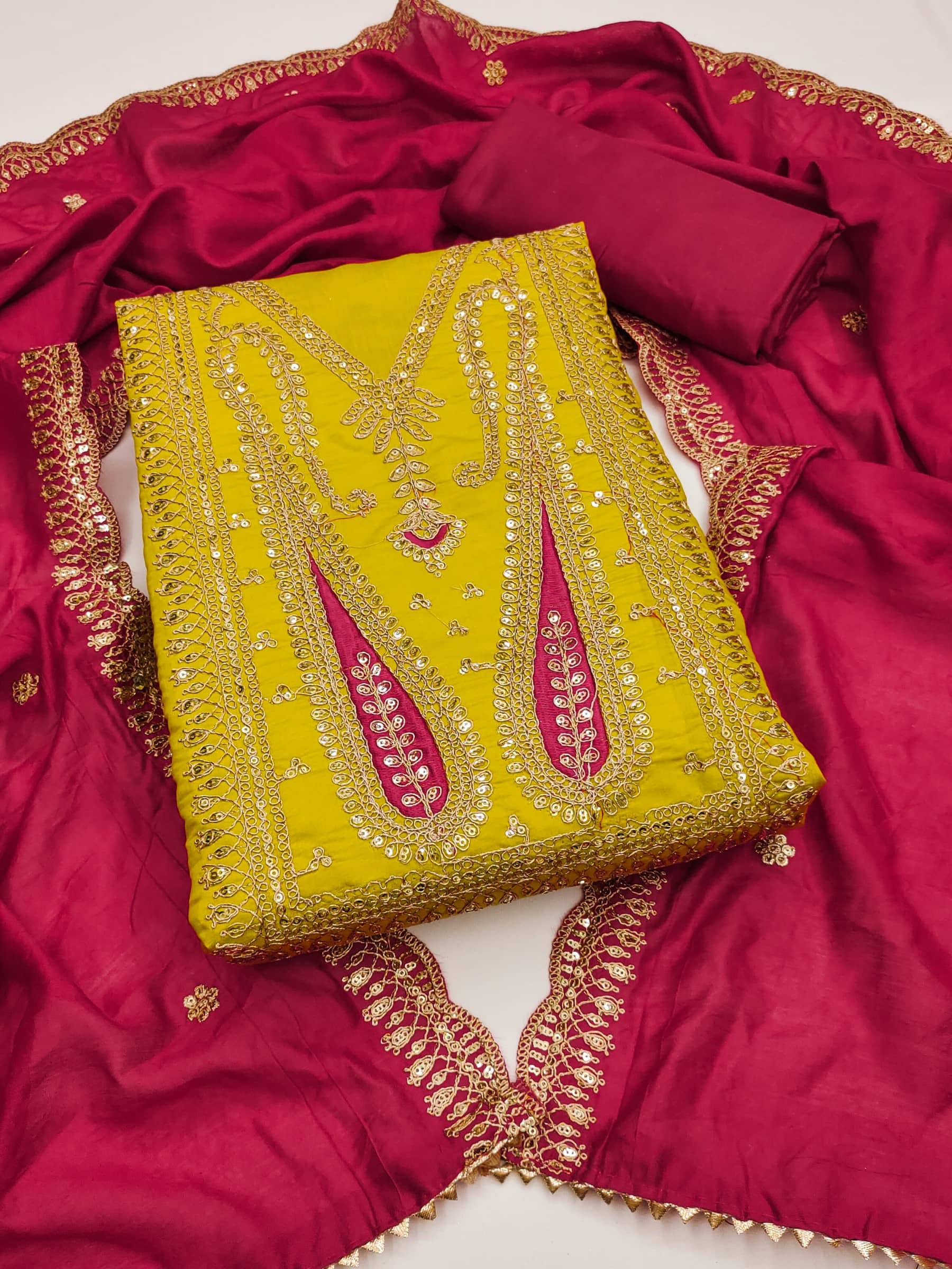 Rangtulika Ethnics Women Silk Unstitched Dress Material ( Mustard ) - Unstitched Fabrics | Buy online on ZillyBuy