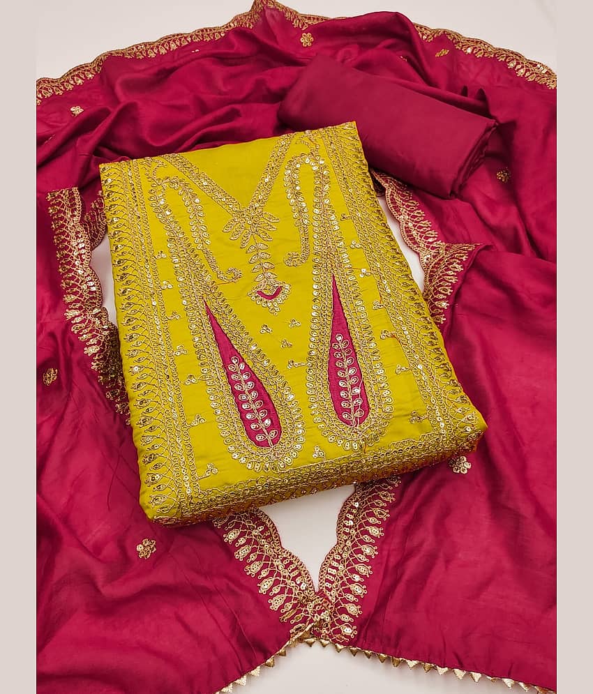 Rangtulika Ethnics Women Silk Unstitched Dress Material ( Mustard ) - Unstitched Fabrics | Buy online on ZillyBuy