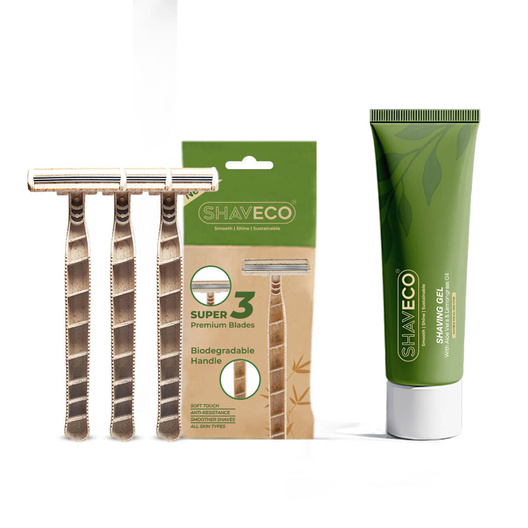 SHAVECO Bamboo Disposable Razor (Pack of 3) & Aloe Vera Shaving Gel Combo | Sustainable Grooming Combo     			SHAVECO Bamboo Disposable Razor (Pack of 3) & Aloe Vera Shaving Gel Combo | Sustainable Grooming Combo