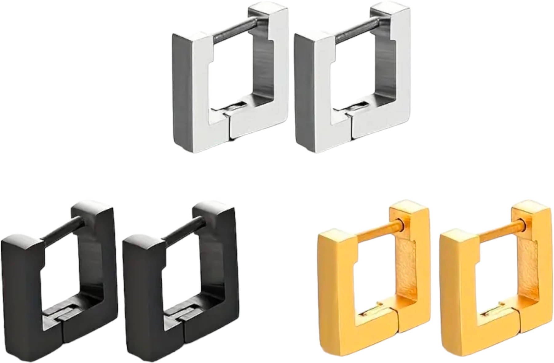 Shree Ju Trendy Black Silver Golden Square Shape Hinged Bali Combo For Men Women (3 Sets) Shree Ju Trendy Black Silver Golden Square Shape Hinged Bali Combo For Men Women (3 Sets)