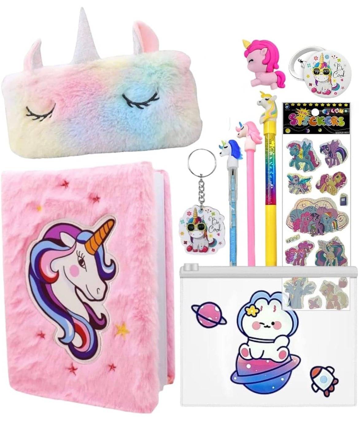     			Unicorn Fur Diary for Girls (Pack of 10 Items) I Furry Notebook with Fur Pencil Pouch, Pen-Bullet Pencil, Eraser, Folder Pouch, Stickers, Keychain, Badge| Perfect Unicorn Combo Gift