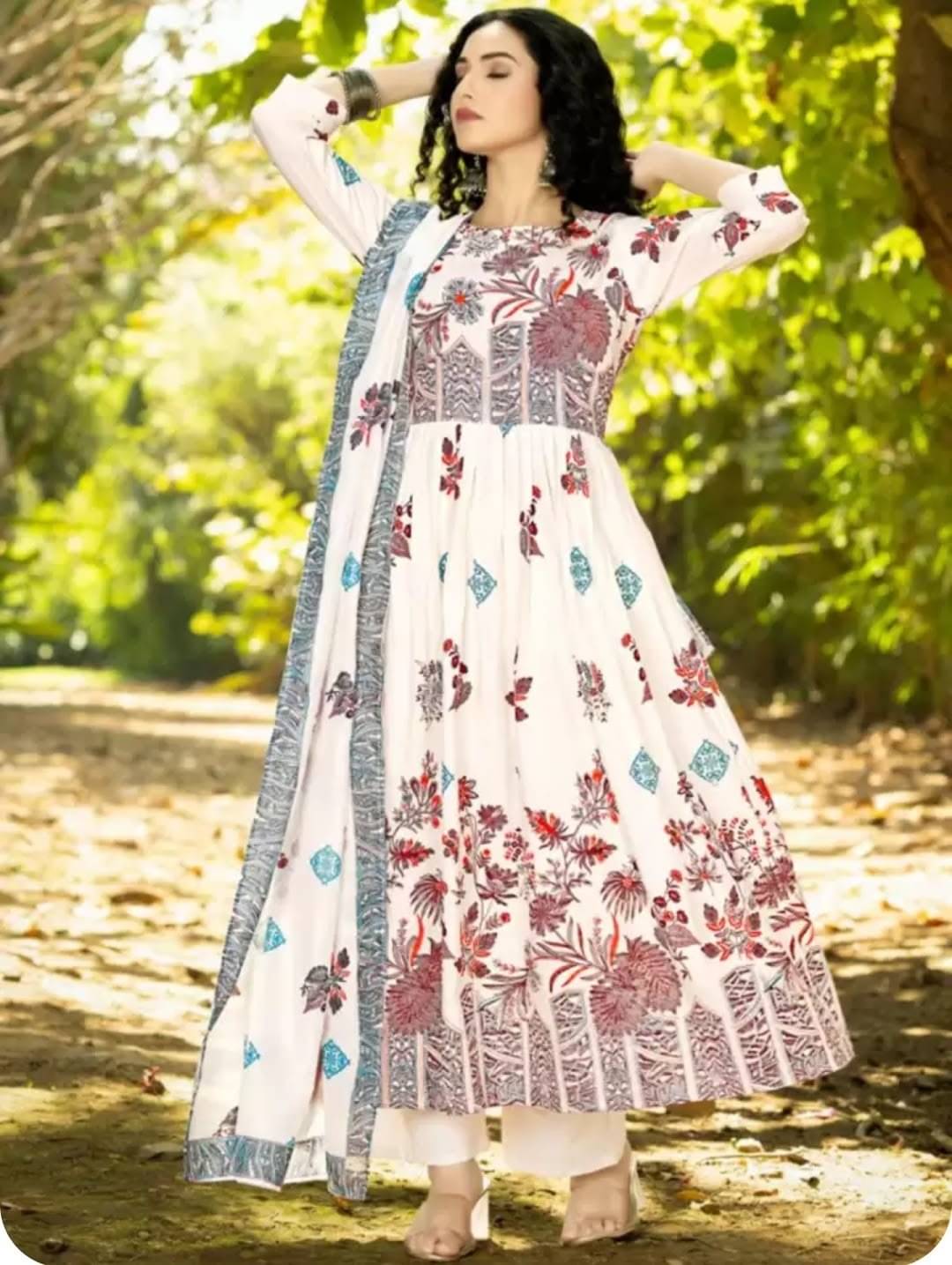     			AMAR VSTRA Women Cotton Printed Anarkali Kurti With Pants ( White )