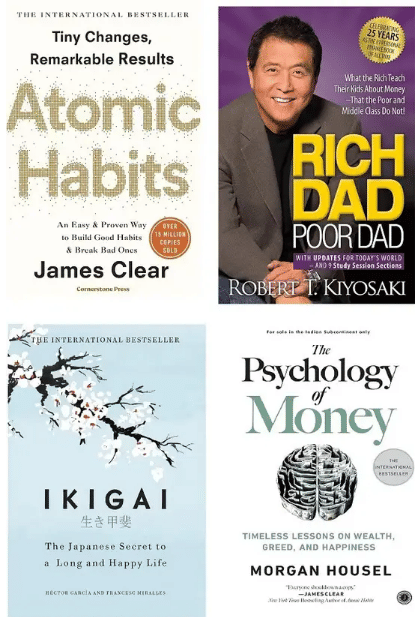Atomic Habits + Rich Dad Poor Dad + Ikigai + The Psychology Of Money (4 Book Combo)  (Paperback, JMD BOOKS)     			Atomic Habits + Rich Dad Poor Dad + Ikigai + The Psychology Of Money (4 Book Combo)  (Paperback, JMD BOOKS)