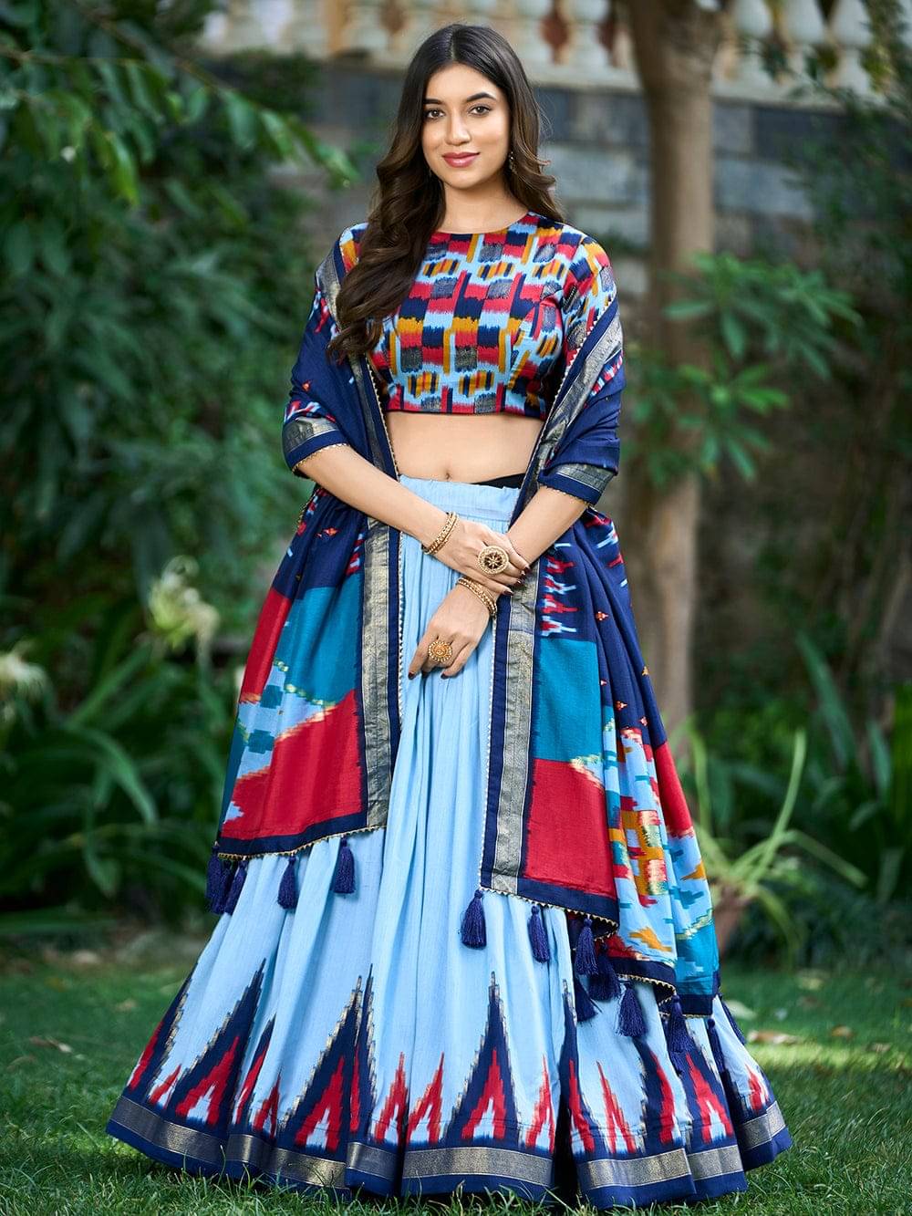 CYNOR Blue Tussar Silk Chaniya Choli Semi Stitched Lehenga Single CYNOR Blue Tussar Silk Chaniya Choli Semi Stitched Lehenga Single