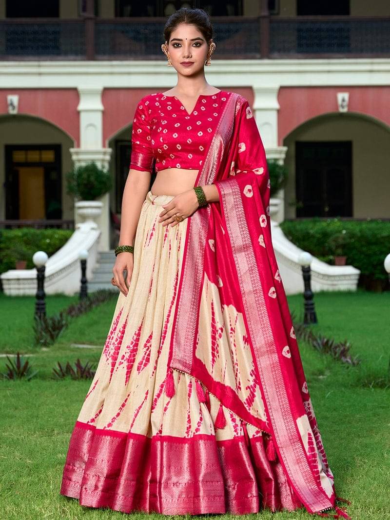 CYNOR Red Tussar Silk Chaniya Choli Semi Stitched Lehenga Single CYNOR Red Tussar Silk Chaniya Choli Semi Stitched Lehenga Single