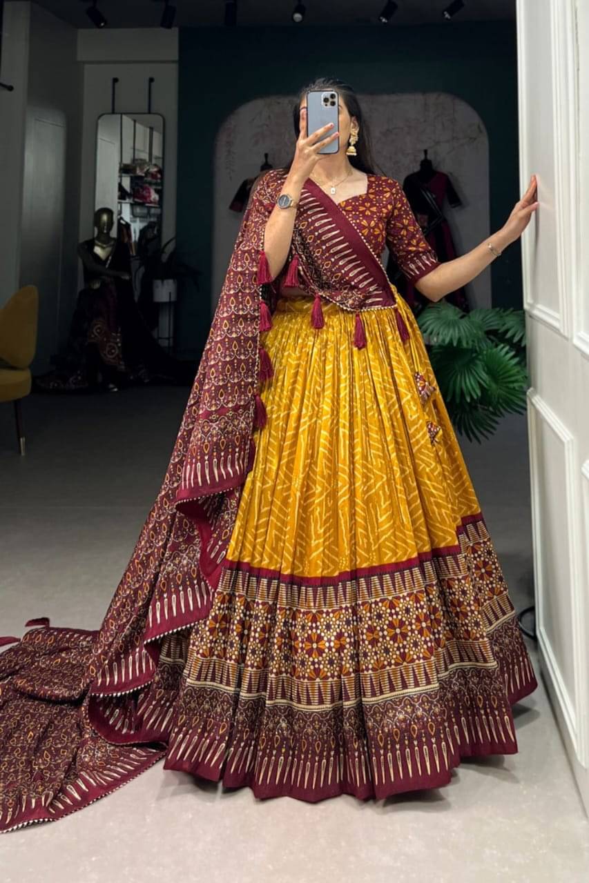     			CYNOR Yellow Tussar Silk Chaniya Choli Semi Stitched Lehenga Single