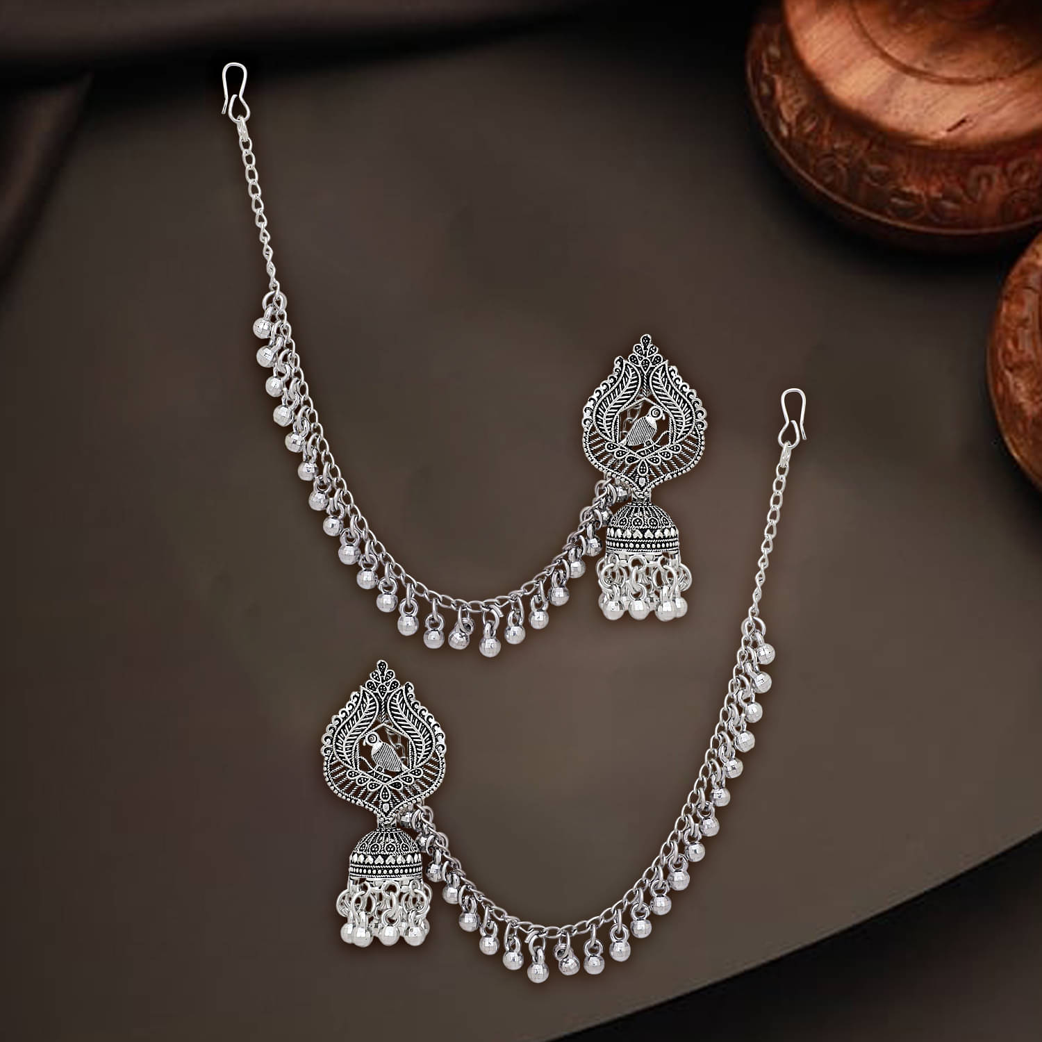     			Drashti Collection Silver Ear Chain Earrings ( Pack of 1 )