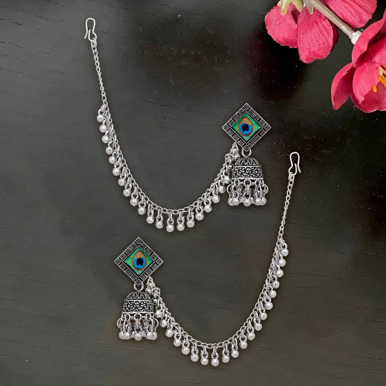     			Drashti Collection Silver Ear Chain Earrings ( Pack of 1 )