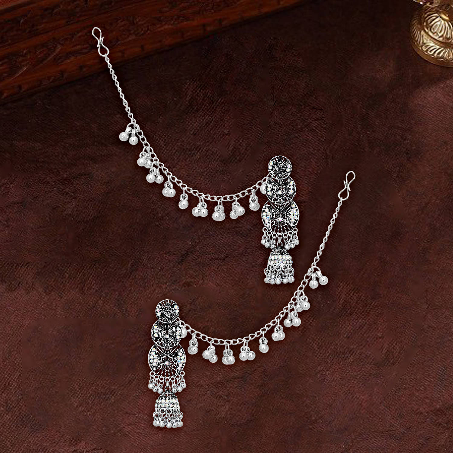     			Drashti Collection Silver Ear Chain Earrings ( Pack of 1 )