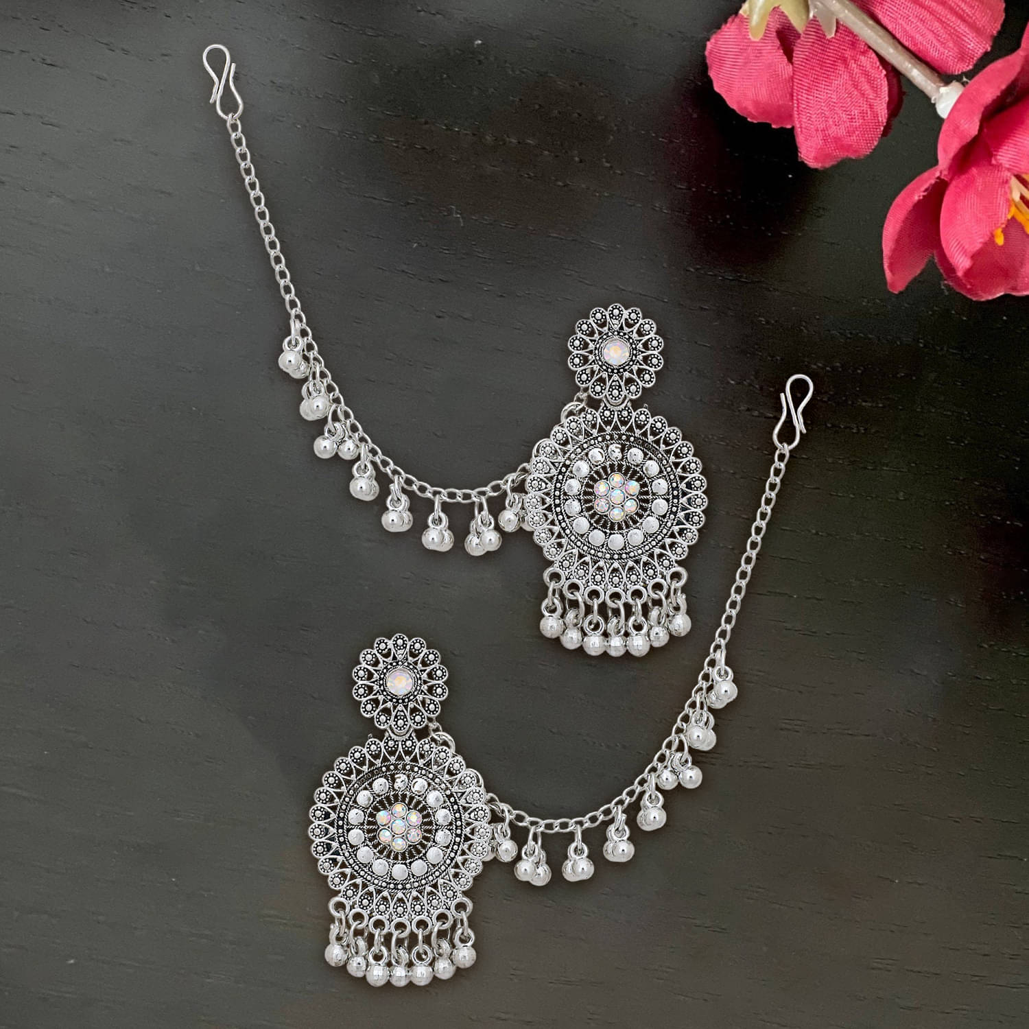     			Drashti Collection Silver Ear Chain Earrings ( Pack of 1 )