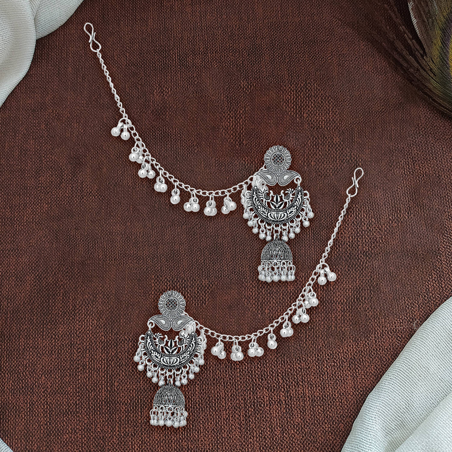     			Drashti Collection Silver Ear Chain Earrings ( Pack of 1 )