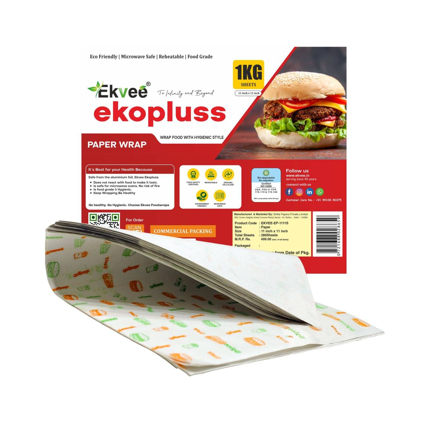     			Ekvee Ekopluss Butter Paper (1 Kg, 11x11 Sheets, 280 Sheets, 45 GSM) Food Grade | Non-Stick | Greaseproof Baking & Wrapping Paper | Ideal for Baking, Sandwich Wraps & Food Packaging