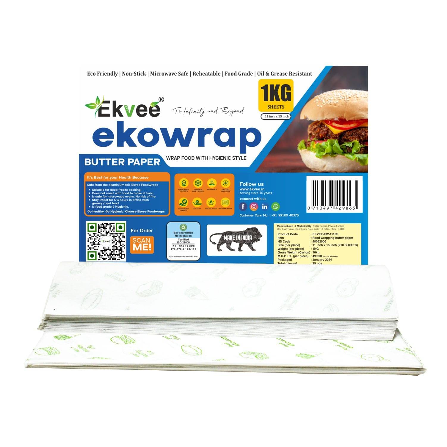 Ekvee Ekowrap 210 Sheets Butter Paper | Parchment Sheets (11x15 Inch) | 1 Kg Pack | 50 GSM Food Grade | Non-Stick | Greaseproof | Ideal for Baking, Cooking, and Sandwich Wrapping Ekvee Ekowrap 210 Sheets Butter Paper | Parchment Sheets (11x15 Inch) | 1 Kg Pack | 50 GSM Food Grade | Non-Stick | Greaseproof | Ideal for Baking, Cooking, and Sandwich Wrapping