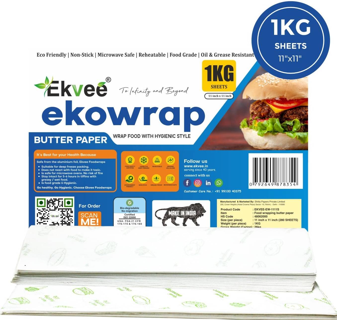 Ekvee Foods | Ekowrap Butter Paper 1 Kg Sheets 11x11 Inch, 50 GSM | FDA Approved | Food Grade | Pack of 1 Ekvee Foods | Ekowrap Butter Paper 1 Kg Sheets 11x11 Inch, 50 GSM | FDA Approved | Food Grade | Pack of 1