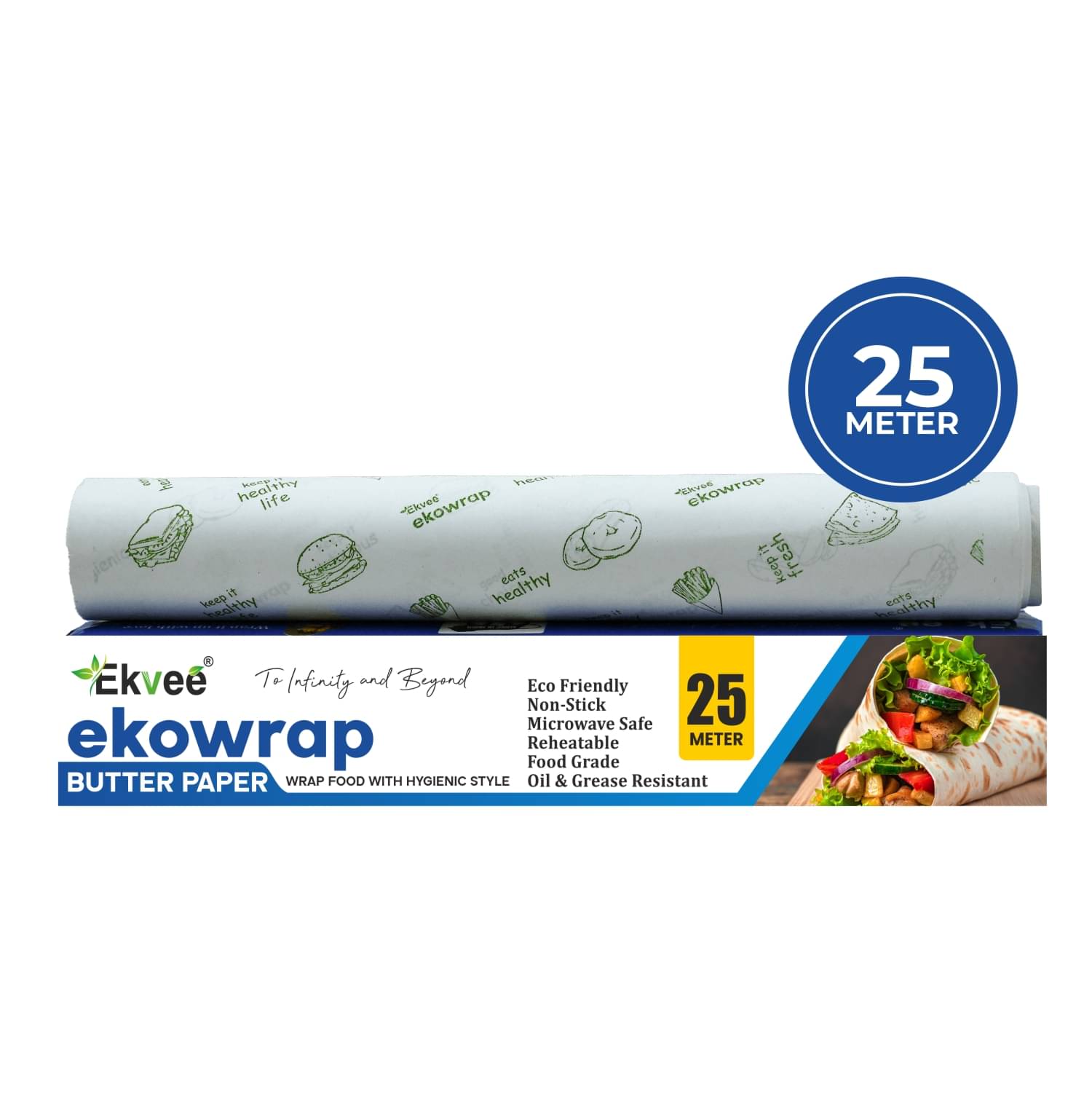Ekvee Foods | Ekowrap Butter Paper 25 Meter Roll, 50 GSM | FDA Approved | Non-stick | Pack of 1 Ekvee Foods | Ekowrap Butter Paper 25 Meter Roll, 50 GSM | FDA Approved | Non-stick | Pack of 1