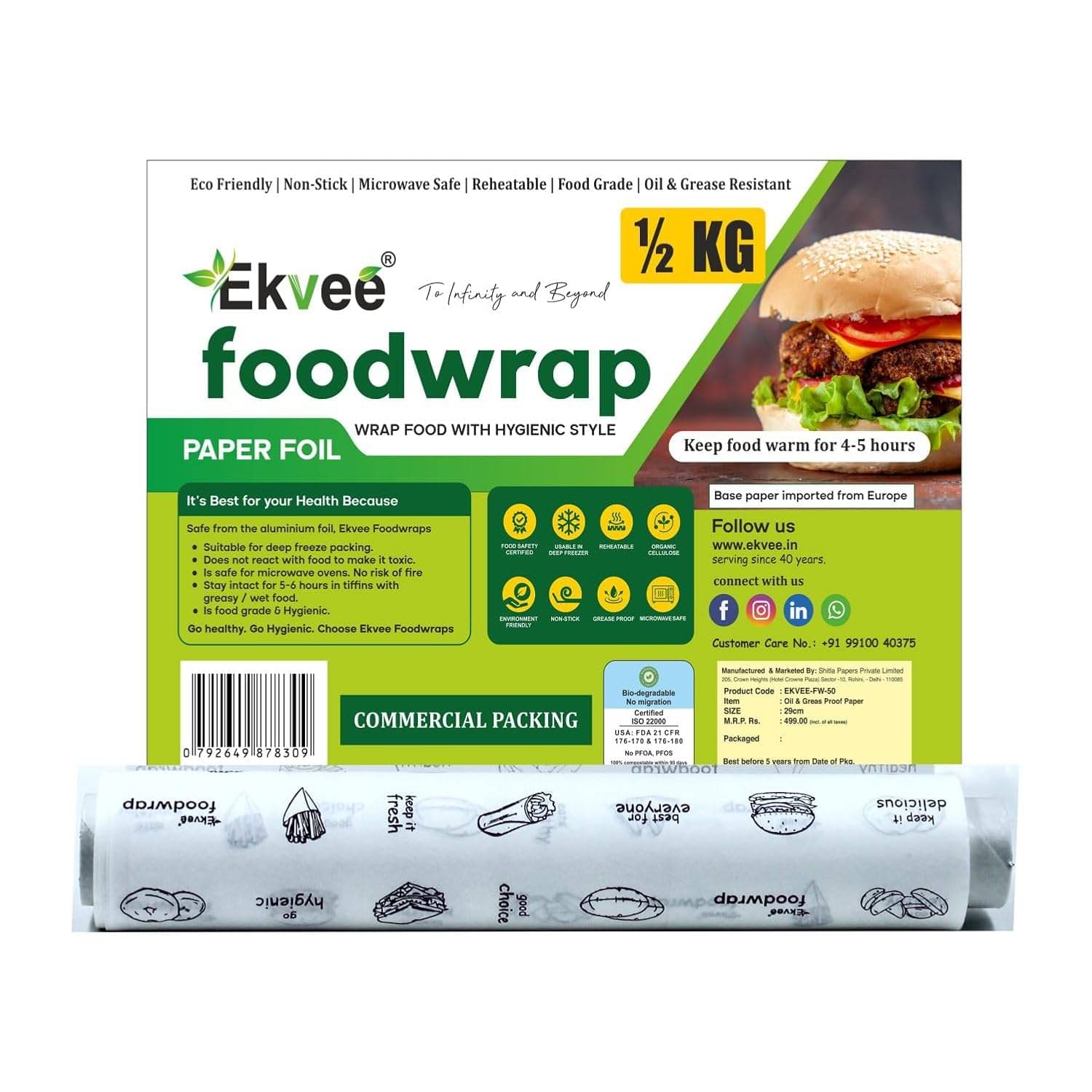 Ekvee Foods | Food Wrapping Paper Roll 37.5 Meters, 42 GSM | FDA Approved | Reheatable | Pack of 1 Ekvee Foods | Food Wrapping Paper Roll 37.5 Meters, 42 GSM | FDA Approved | Reheatable | Pack of 1