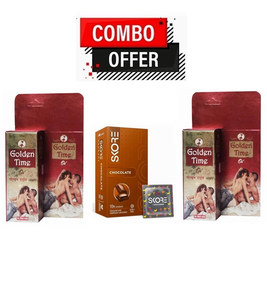     			G & G Pharm@cy Golden Time Oil 15ml Pack Of 2 & Skore Chocolate 10Condoms 1500+Dots Pack Of 3