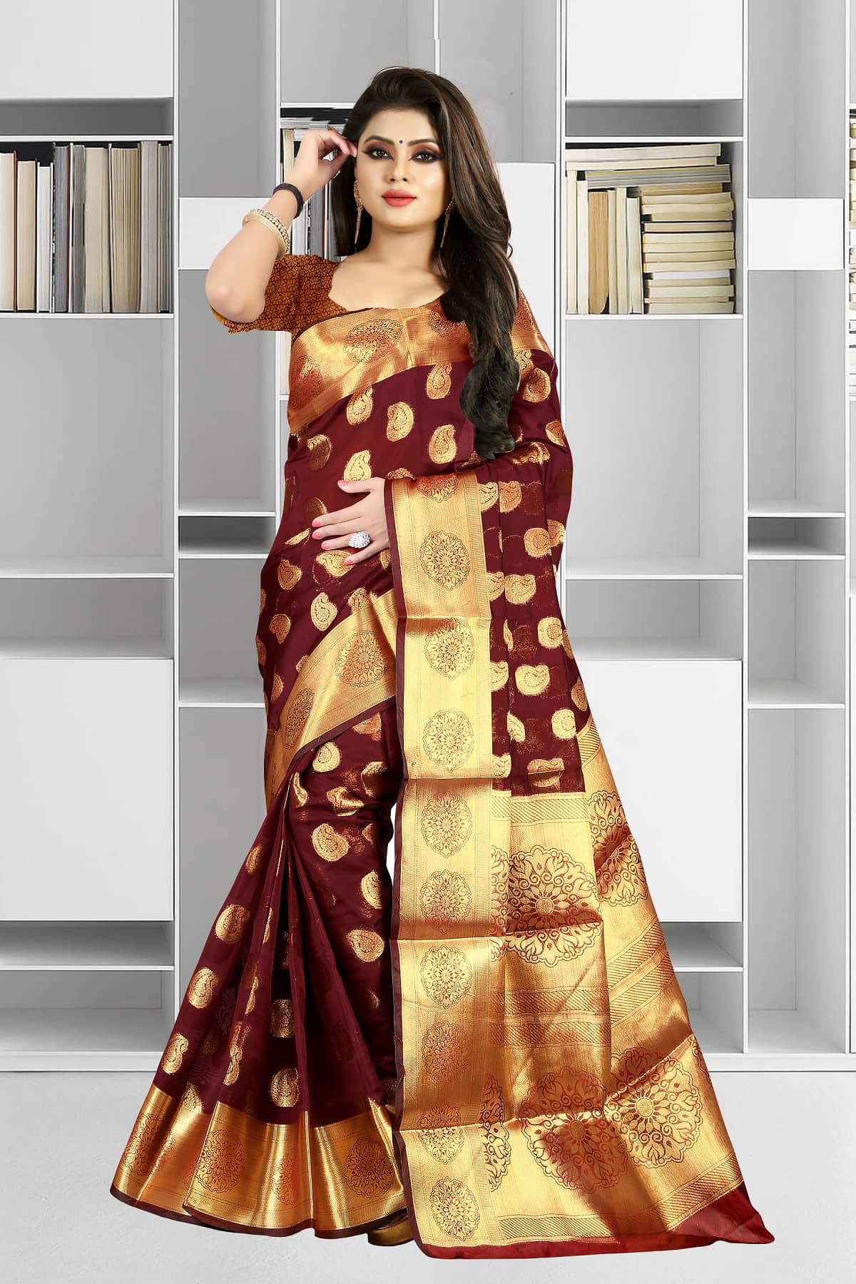 Gazal Fashions Silk Woven Banarasi saree With Unstitched Blouse Piece ( Maroon ) - Sarees | Buy online on ZillyBuy
