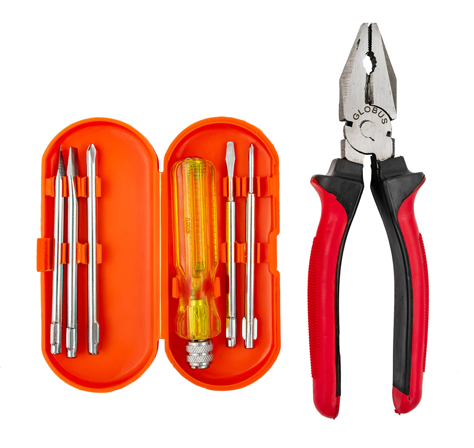     			Globus 130(LINE MAN PLIER(8"/200 MM) & SCREW DRIVER SET OF 6 PCS WITH TESTER IN BOX.