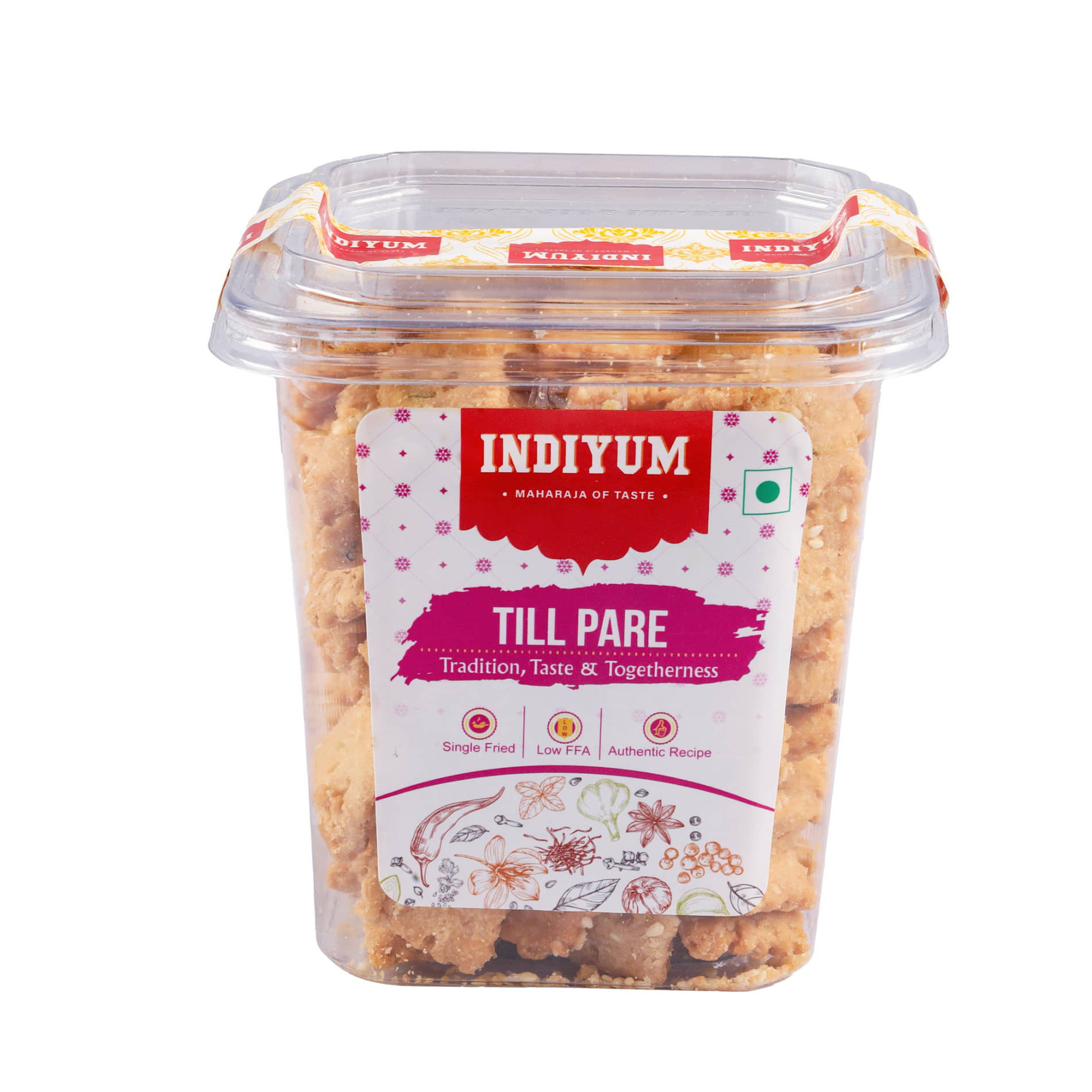 Indiyum Till Pare Traditional Indian Tea Time Snacks, Single Fried, Low FFA, with Sesame Seeds 400g Indiyum Till Pare Traditional Indian Tea Time Snacks, Single Fried, Low FFA, with Sesame Seeds 400g