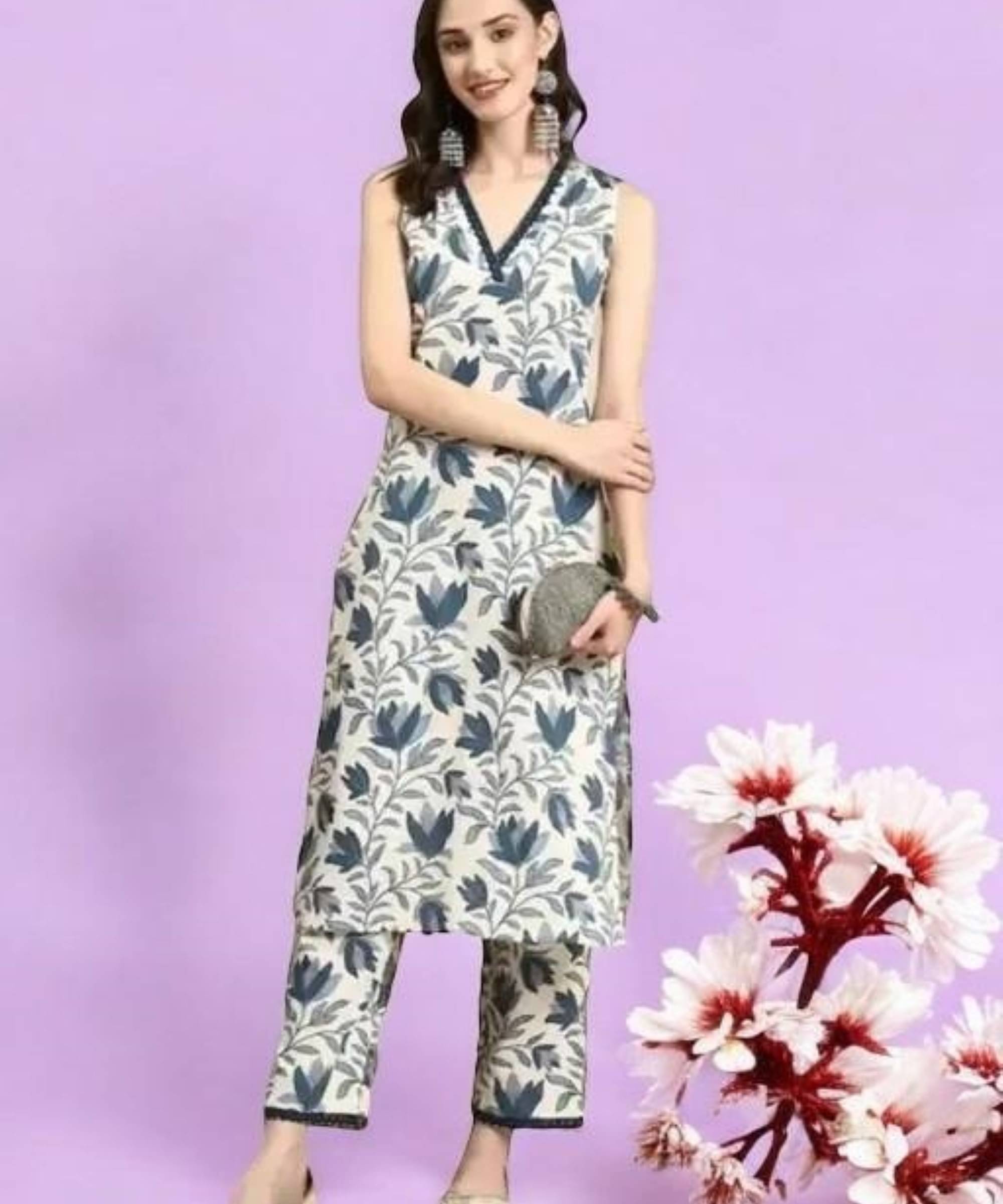     			Jivandhara Women Cotton Printed A-line Kurti With Pants ( White )
