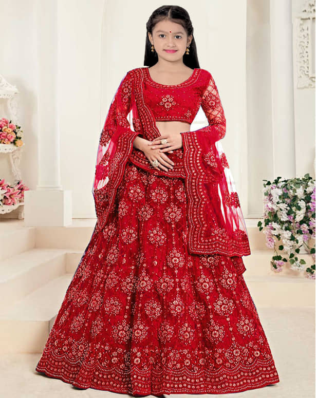 Keyura Net Lehenga Choli Set For Girls ( Pack of 1 , Red )