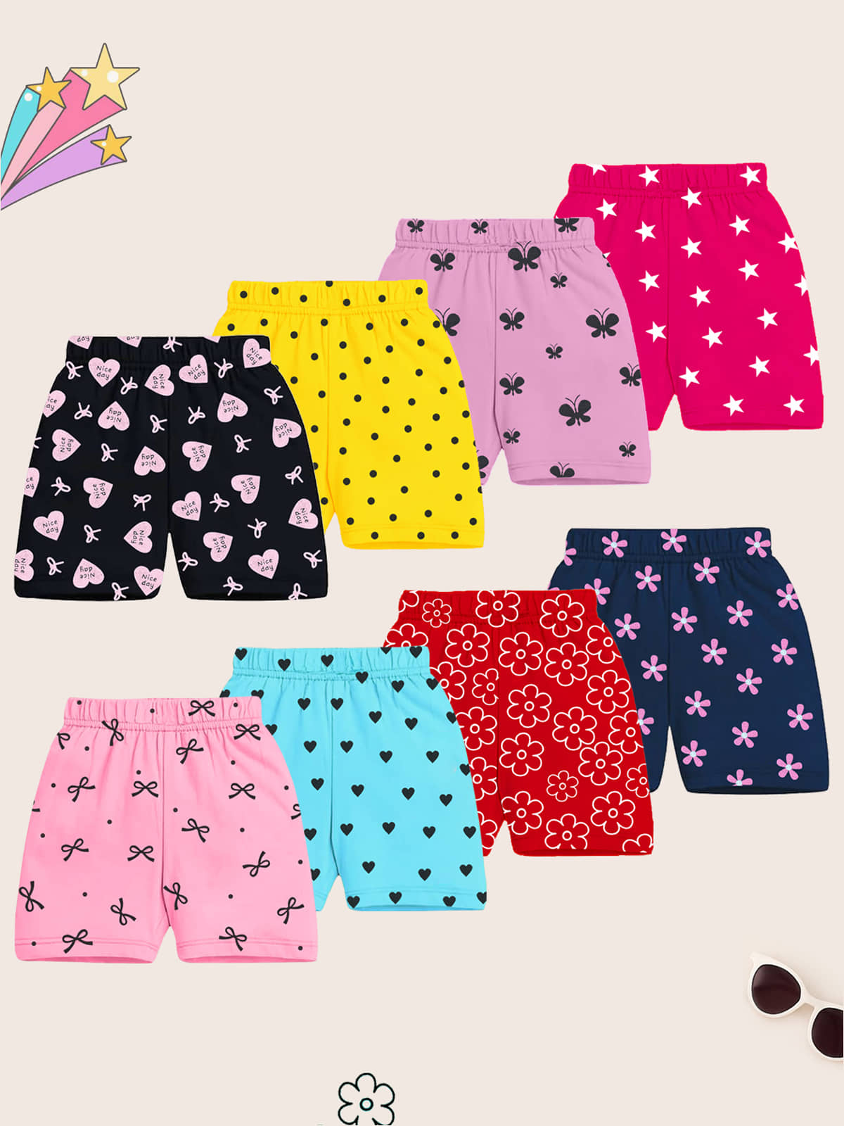 Kuchipoo Pack of 8 Girls Cotton Blend Shorts ( Multicolor 12 ) - Shorts | Buy online on ZillyBuy