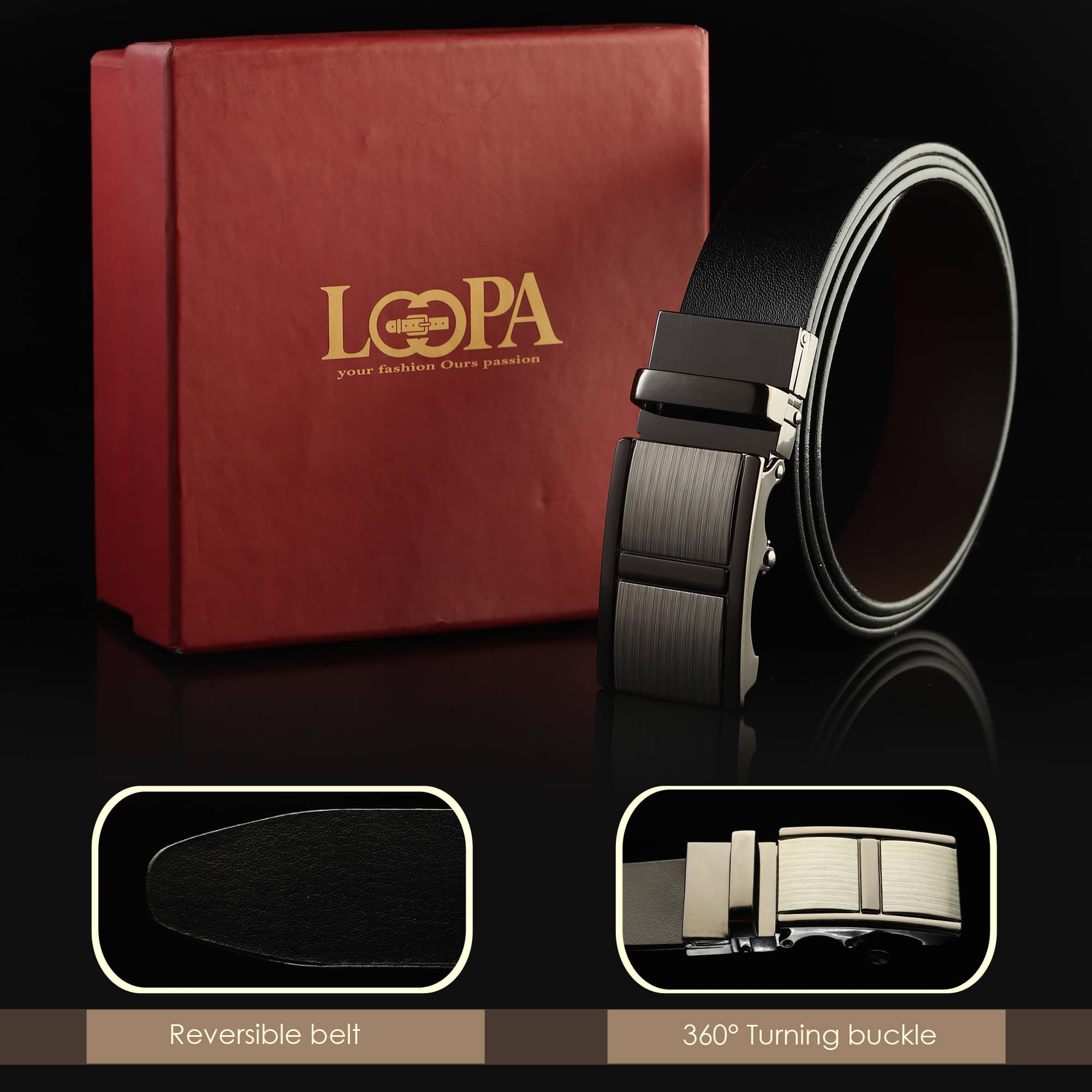     			Loopa - Black 100% Leather Men's Reversible Belt ( Pack of 1 )