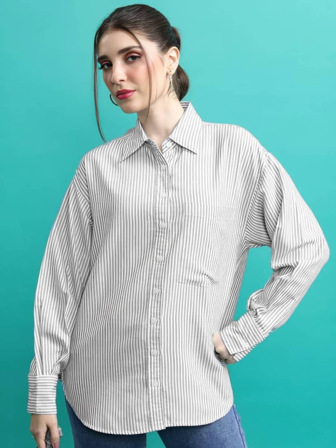 MAYKR Women Striped Cotton Shirt ( Grey ) MAYKR Women Striped Cotton Shirt ( Grey )