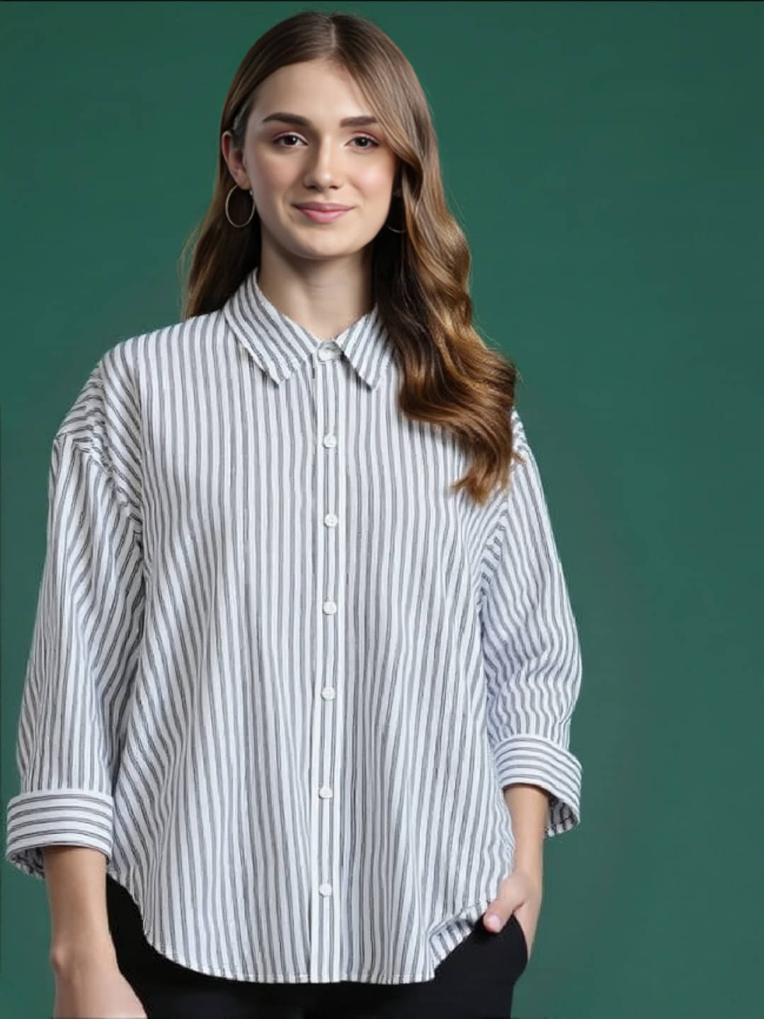 MAYKR Women Striped Cotton Shirt ( Grey ) MAYKR Women Striped Cotton Shirt ( Grey )