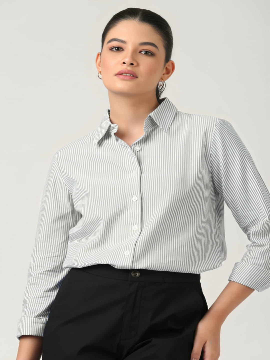 MAYKR Women Striped Cotton Shirt ( Grey ) MAYKR Women Striped Cotton Shirt ( Grey )
