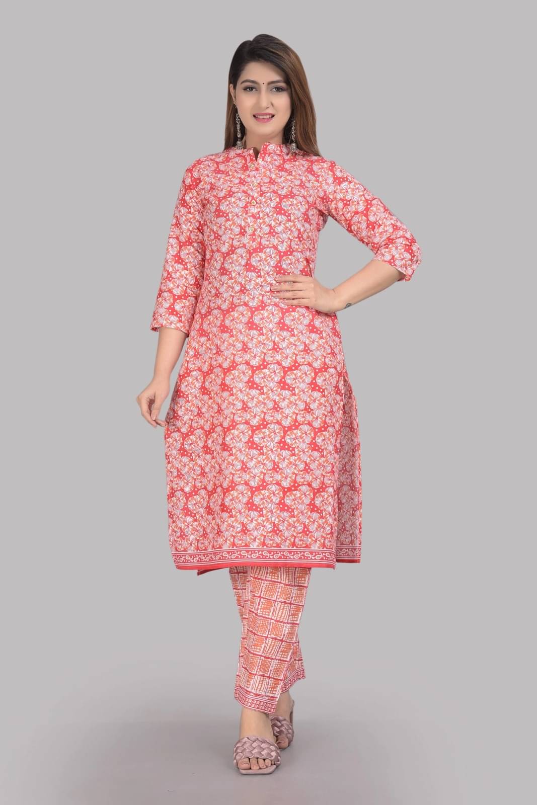 Metafab Women Cotton Printed Straight Kurti With Palazzo ( Orange ) Metafab Women Cotton Printed Straight Kurti With Palazzo ( Orange )
