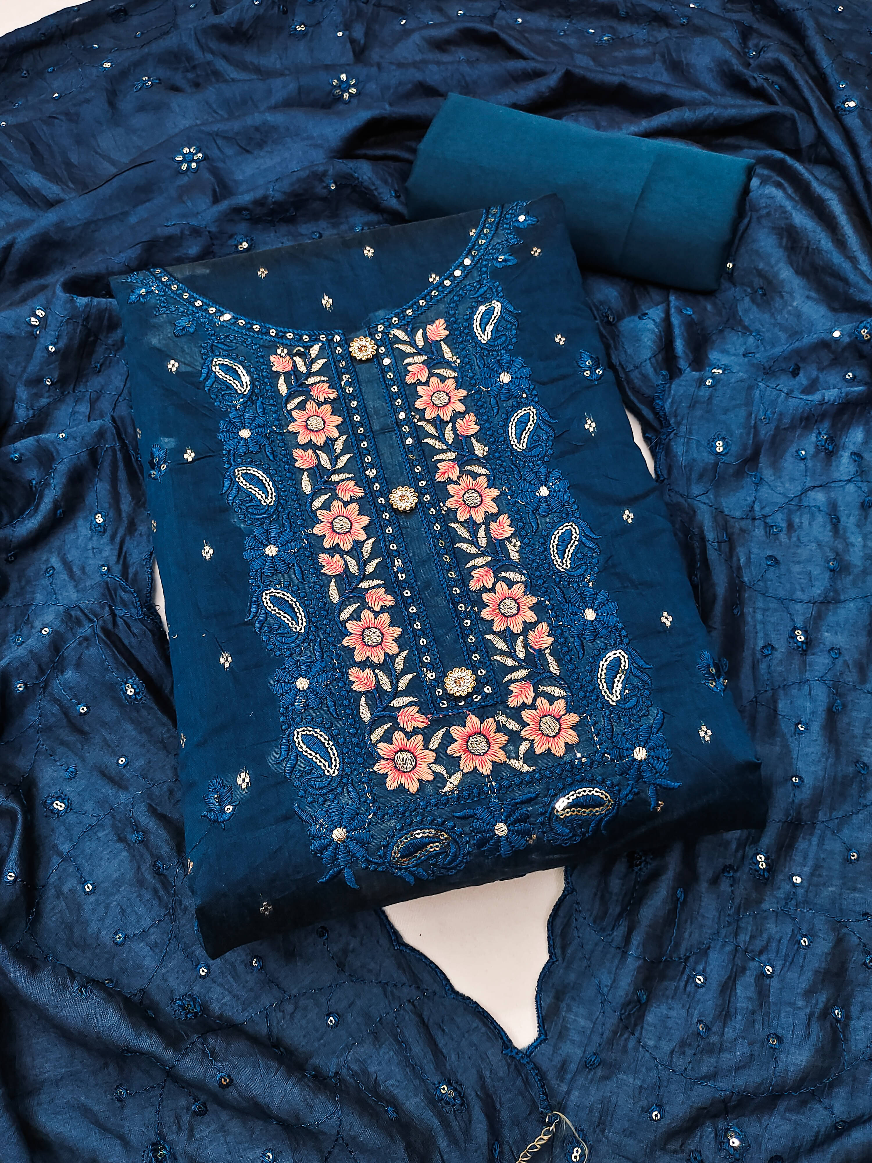 Nayanthara Trends Women Chanderi Unstitched Dress Material ( Blue ) Nayanthara Trends Women Chanderi Unstitched Dress Material ( Blue )