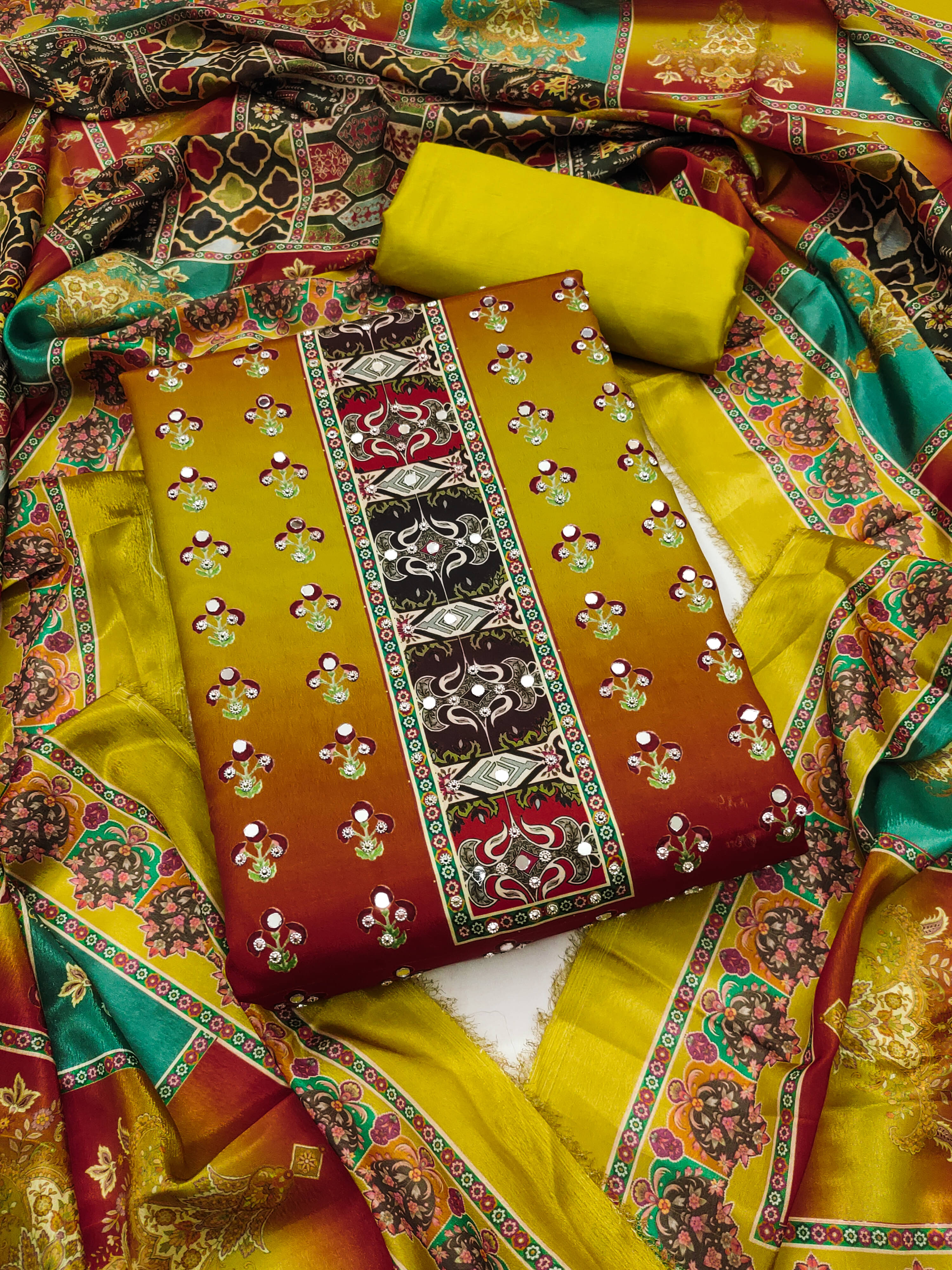 Nayanthara Trends Women Silk Blend Unstitched Dress Material ( Olive ) Nayanthara Trends Women Silk Blend Unstitched Dress Material ( Olive )