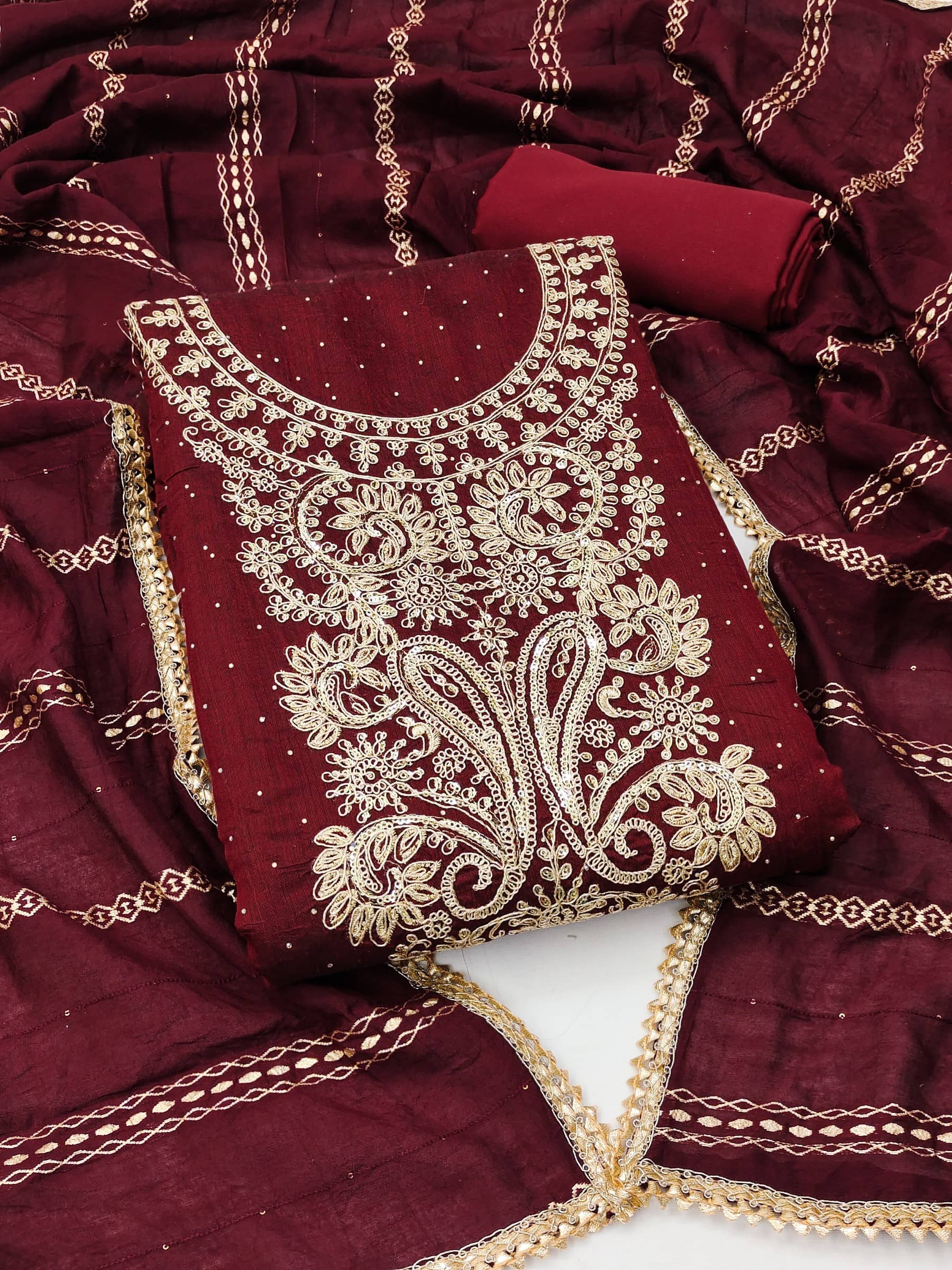 Rangtulika Ethnics Women Chanderi Unstitched Dress Material ( Maroon ) - Unstitched Fabrics | Buy online on ZillyBuy