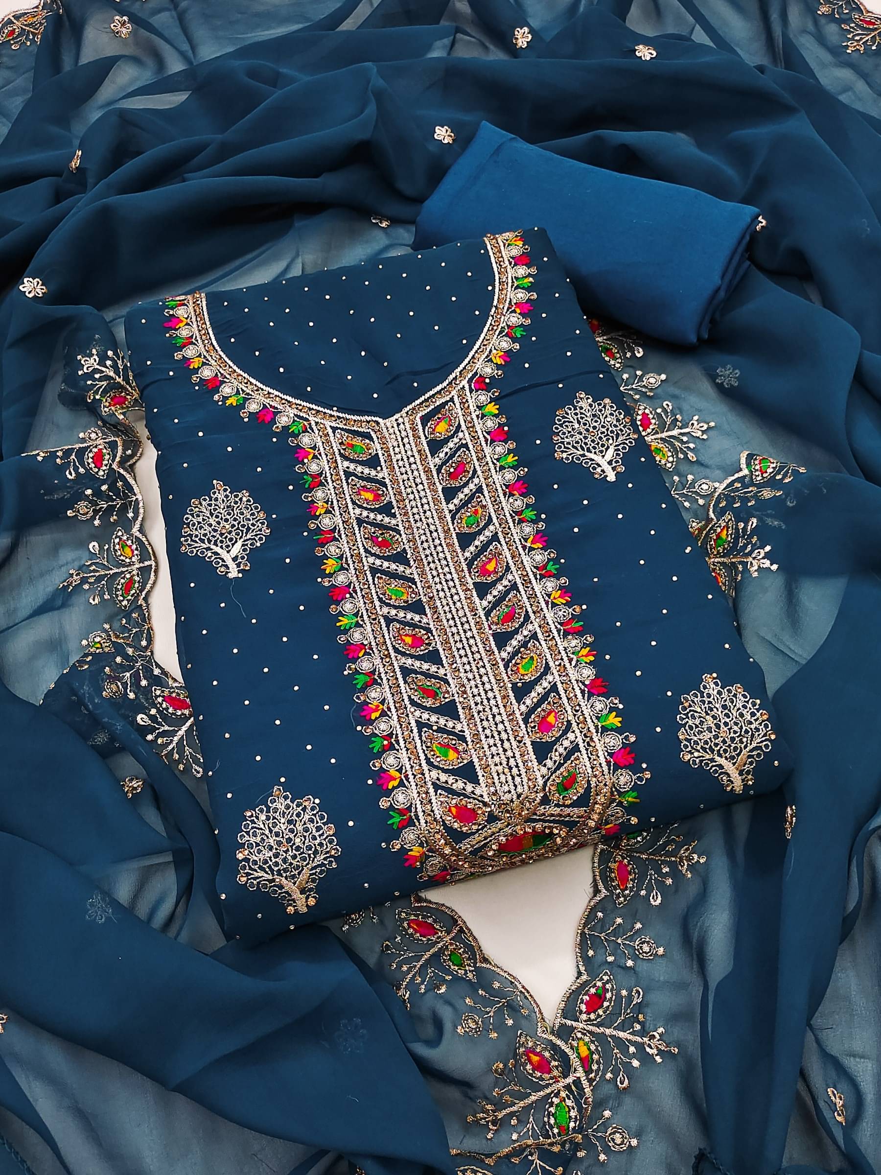 Rangtulika Ethnics Women Georgette Unstitched Dress Material ( Blue )     			Rangtulika Ethnics Women Georgette Unstitched Dress Material ( Blue )