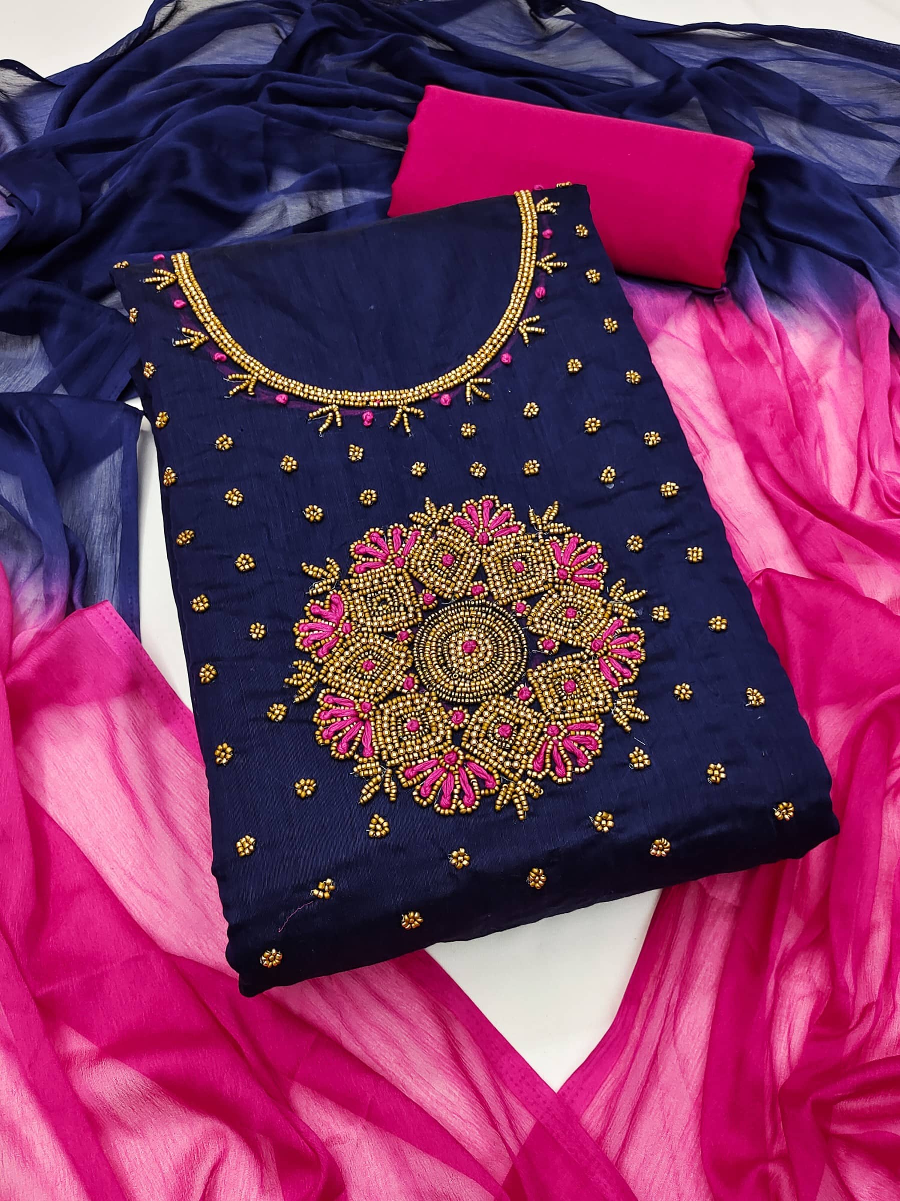 Rangtulika Ethnics Women Silk Unstitched Dress Material ( Blue ) - Unstitched Fabrics | Buy online on ZillyBuy