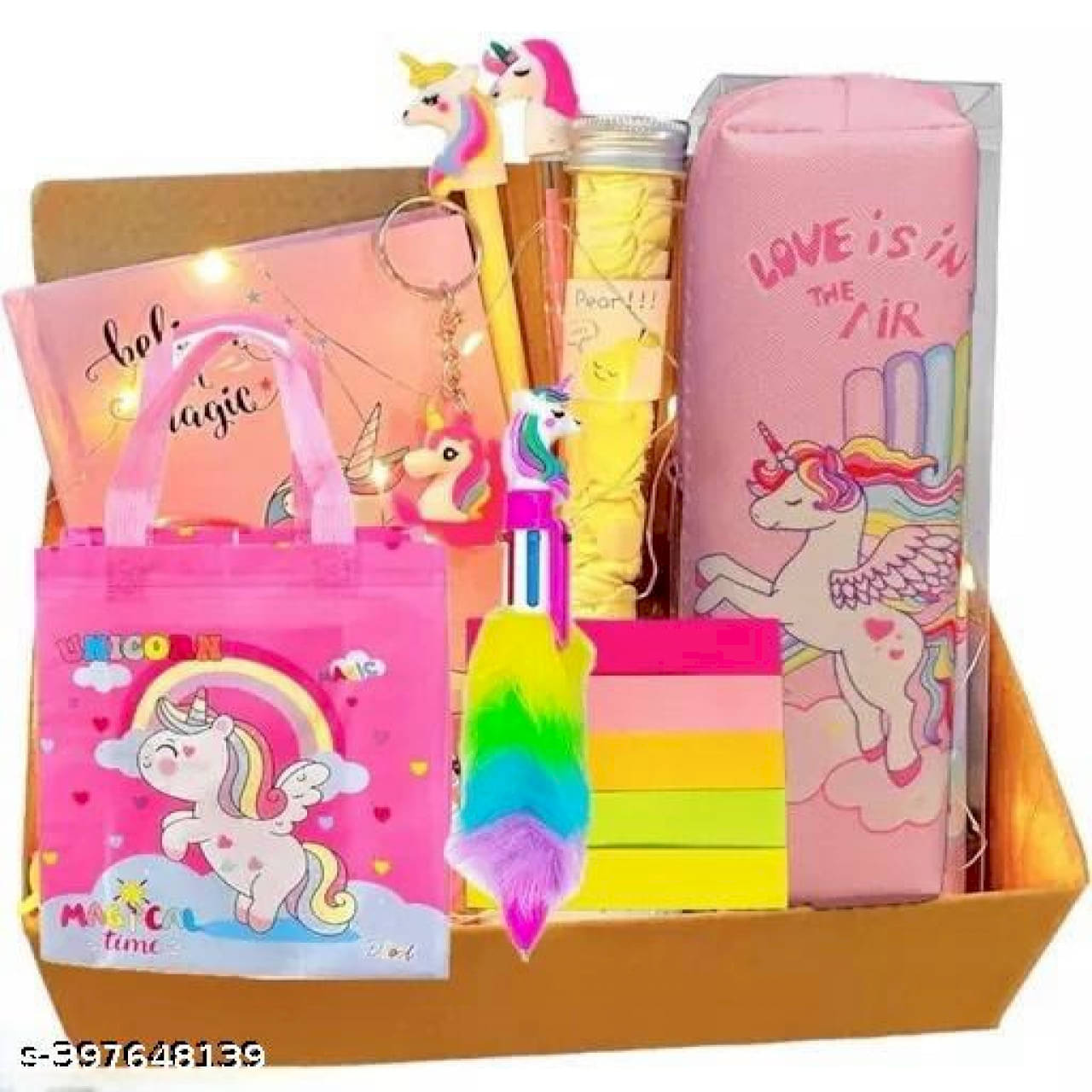     			Unicorn Goody Box Combo Party Favor Supplies Unicorn Return Gift Kids - A6 Unicorn notebook, pens, keychains, carry bag, Cute Unicorn pouch, furpen and sticknotes For Kids