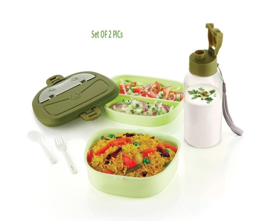     			analog kichenware - Green Plastic Lunch Box With Bottle ( Pack of 2 )