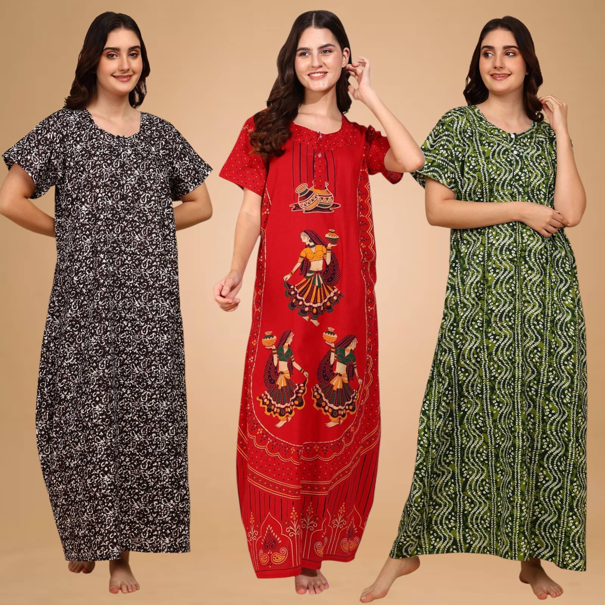 manidhari fab Multicolor Cotton Women's Nightwear Night Dress ( Pack of 3 ) manidhari fab Multicolor Cotton Women's Nightwear Night Dress ( Pack of 3 )