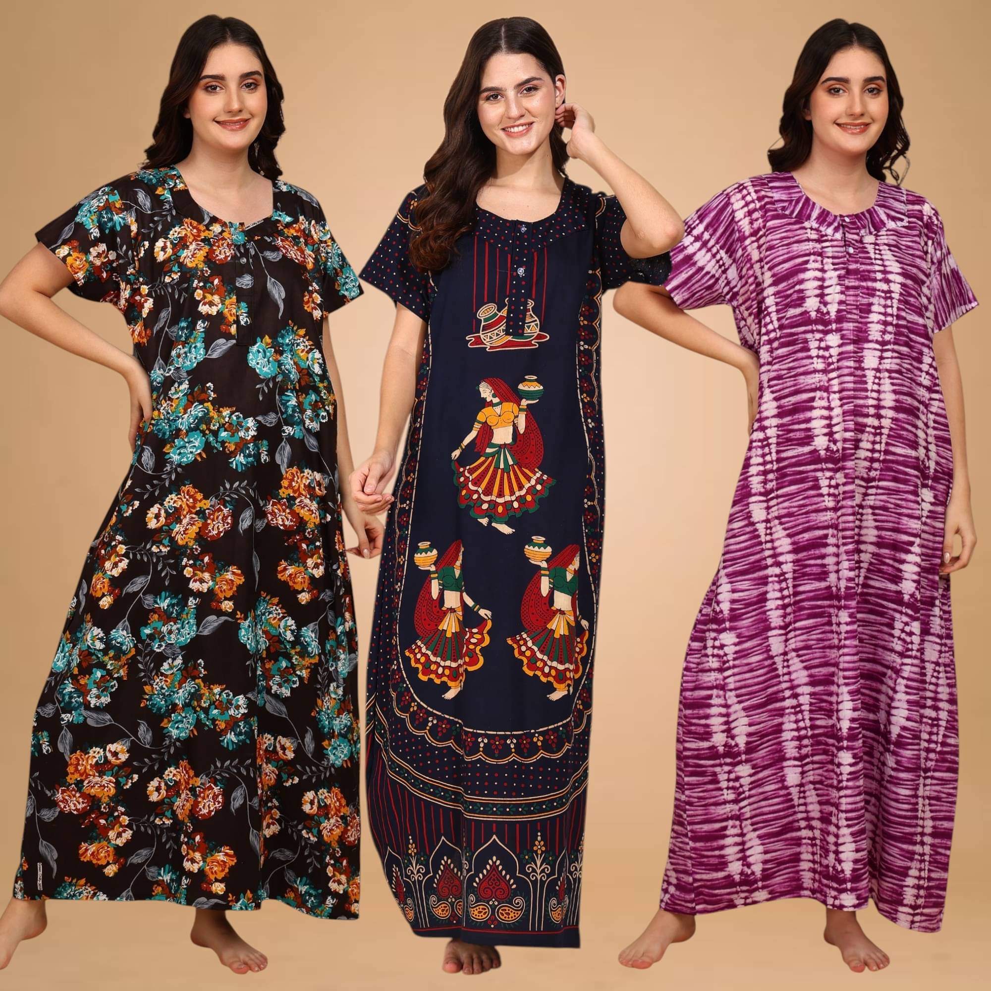     			manidhari fab Multicolor Cotton Women's Nightwear Night Dress ( Pack of 3 )